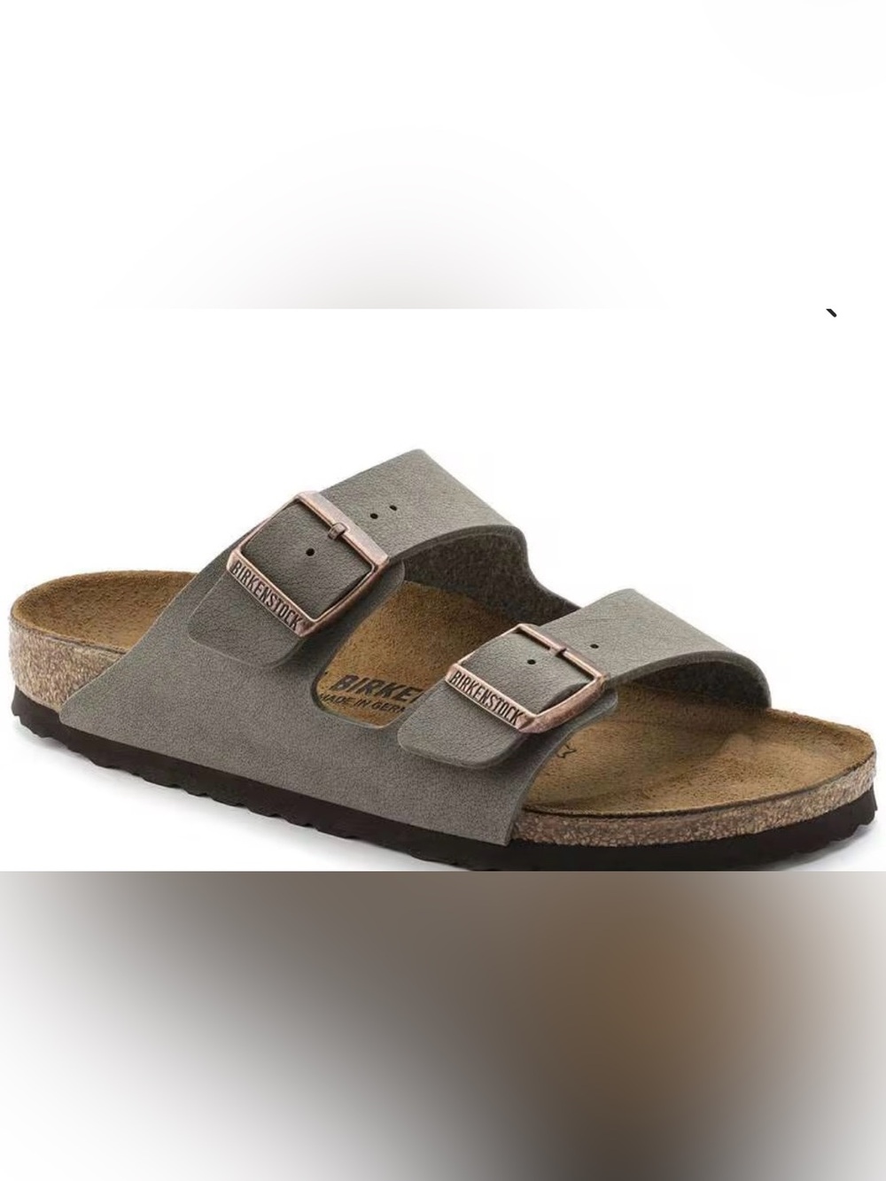 Birkenstock Arizona Men's Two-Strap Sandal in Grey with Copper Buckles Mocha